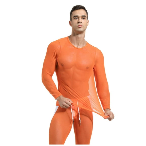 FINALGANG Mens Long Sleeve Crewneck Sheer Mesh TShirts Solid Color Slim Fit Layer Top For Sports Training Daily Wear Orange M