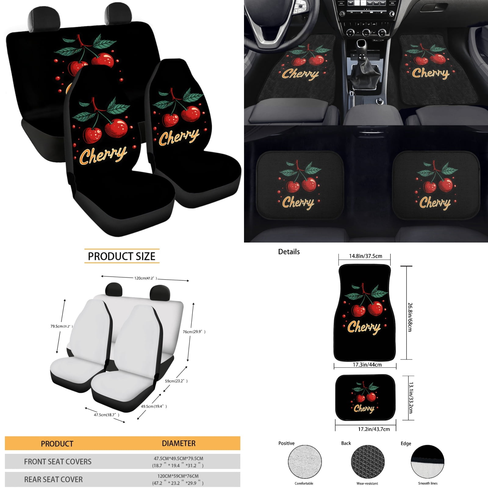 Yuyamidu Cherry Car Seat Cover with Carpet Mats Cute Steering Wheel Cover Seat Belt Strap Pad Handbrake Gear Shift Knob Cover Coasters 15 PCS
