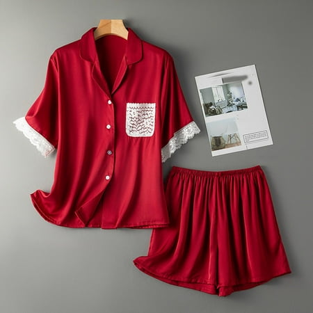 

HOMBOM Women Shorts Clearance Sexy Short Sleeved Shorts Lace Trim Two Piece Home Service Homewear Pajamas Sets