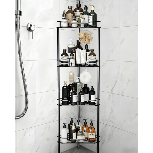 Esquinero para baño metal 4 niveles antioxidante organizador de piso para ducha con cojines adhesivos y ganchos negro