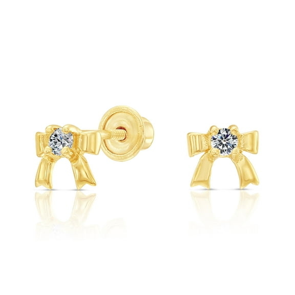 Tilo Jewelry 10K Yellow Gold Small Bow Tie Ribbon CZ Stud Post Earrings with Secure Screw-Backs | Everyday Dainty Small Earrings for Women & Unisex