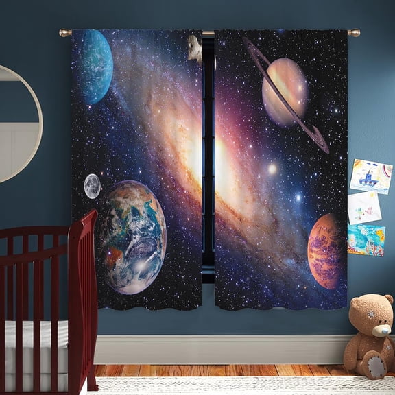 Outer Space Teen Boys Curtains 2 Panels 42W x 63H Rod Pocket Universe Solar System Planet Nebula Galaxy Starry Polyester Window Drapery Treatment for Bedroom Living Room