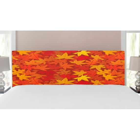 Orange Headboard, Colorful Autumn Fall Season Maple Leaves in Unusual Designs Nature Print, Upholstered Decorative Metal Bed Headboard with Memory Foam, King Size, Burnt Orange, by Ambesonne