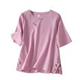 thumbnail image 2 of Fiudx Ofertas y Liquidaciones Top de Manga Corta con Abertura Lateral y Botones para Mujer, Informal, Holgado, Bordado, con Cuello Redondo, 2 of 7