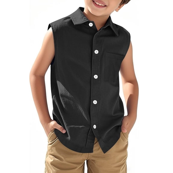 FAHXNVB Boys Sleeveless Button Down T-Shirts Summer School Uniform Lapel Cotton Linen Comfortable Shirts Solid Color Casual Tees Tops with Pocket 3-14 Years