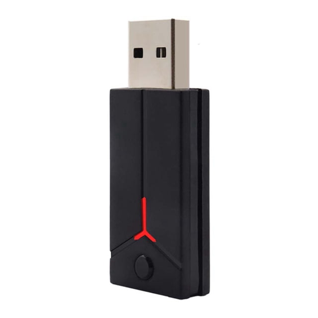 convertidor adaptador de juego inalámbrico para qrd spark n5/qrd s3/arcade stick/controlador dualshock4 para negro Vista frontal centrada de un dongle USB-A negro de plástico con botón circular en la base y un indicador LED en forma de Y rojo; compacto, compatible con controladores DualShock4, QRD Spark N5 y QRD S3, conexión inalámbrica BT5.3, funciones Turbo y macros programables para configuraciones personalizadas, uso frecuente con consolas retro y PC y también adecuado para sesiones de juego portátil.