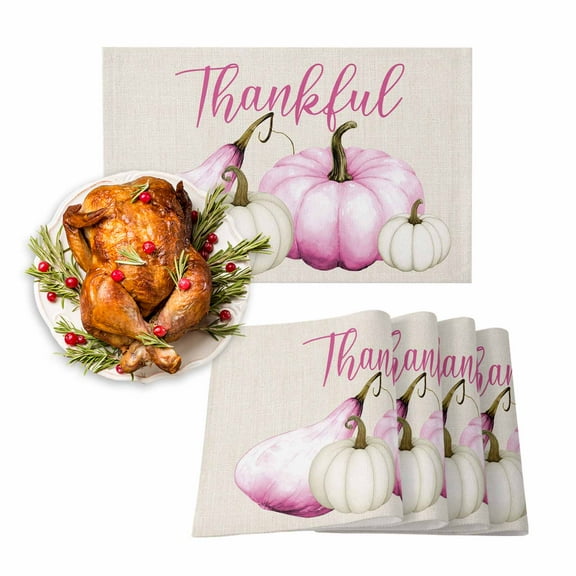 Fall Placemats Set of 4 Pink Pumpkins Place Mats Thanksgiving Placemat Thankful Linen Table Mats for Dining Kitchen Table Holiday Dinner Party Home Fall Decorations 13x19 Inch