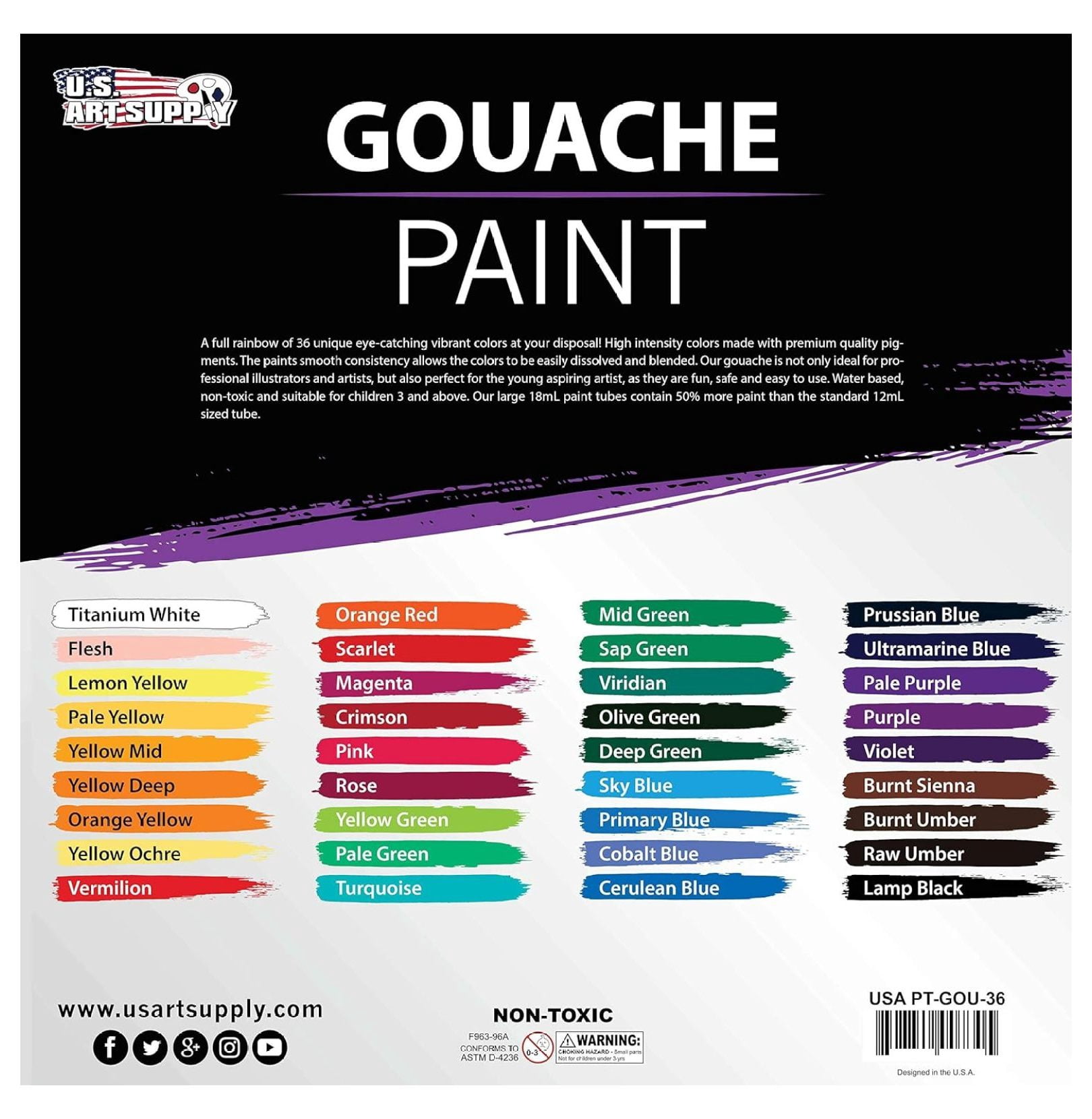 Professional 36-Color Gouache Paint Set in Large 18ml Tubes & Color Mixing Wheel - Gouache Paint Tubes for Artists, Students, Beginners