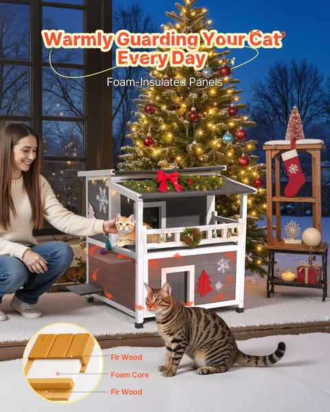 Insulated 2 Story Wooden Cat House with Foam Balcony Waterproof Indoor Outdoor Shelter for 1-3 Cats Winter 33 x 29.5 x 32 in