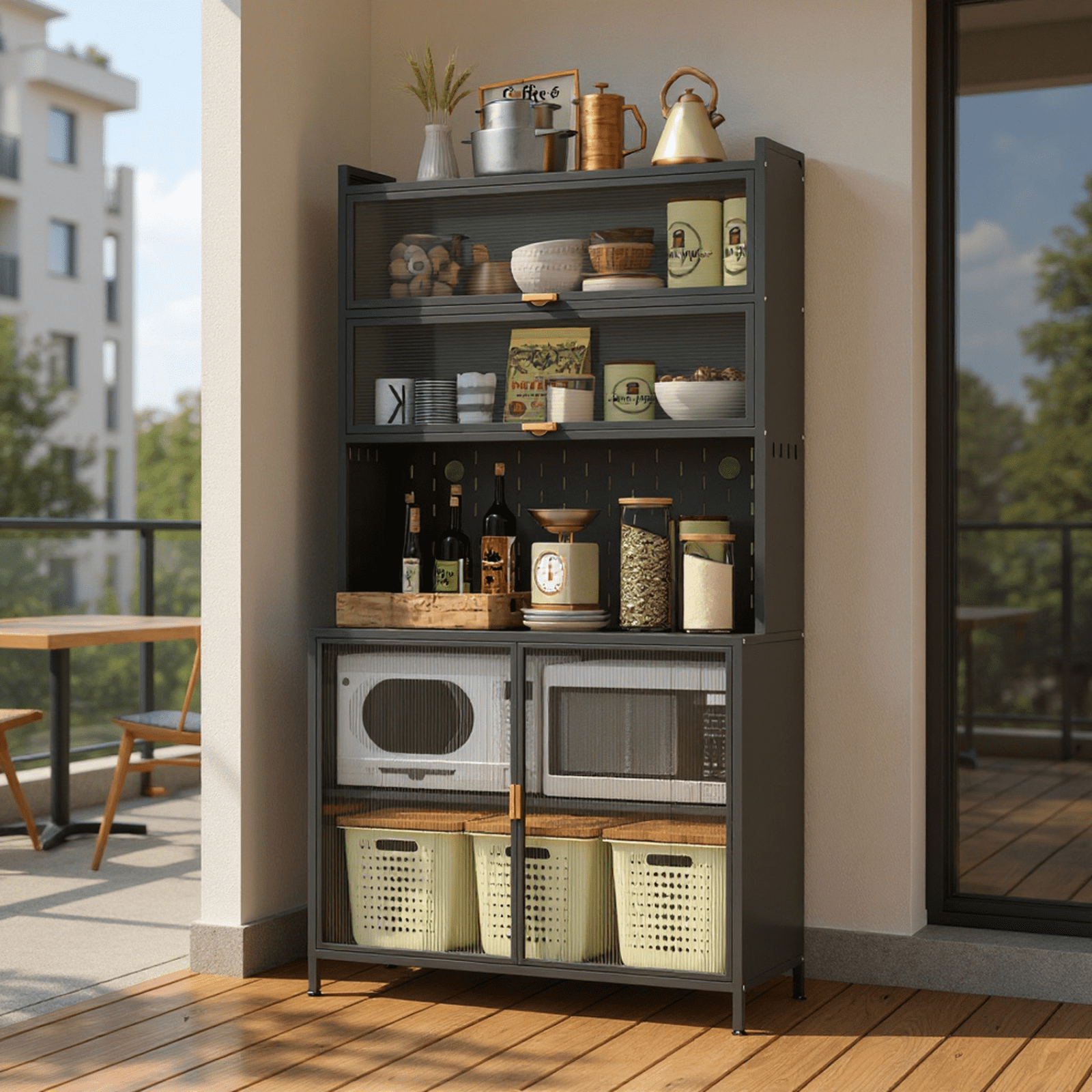 Homy Casa Tall Pantry Cabinet with Glass Sliding Doors and Multi-Layer Storage for Kitchen, Gray