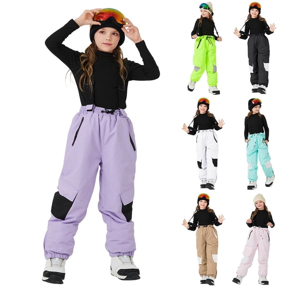 Gelikeya Snow Pants for Girls Kids Ski Bibs Pants Outdoor Windproof Waterproof Insulated Warm Winter Hiking Snowboard Pants, Purple & 9-10 Years