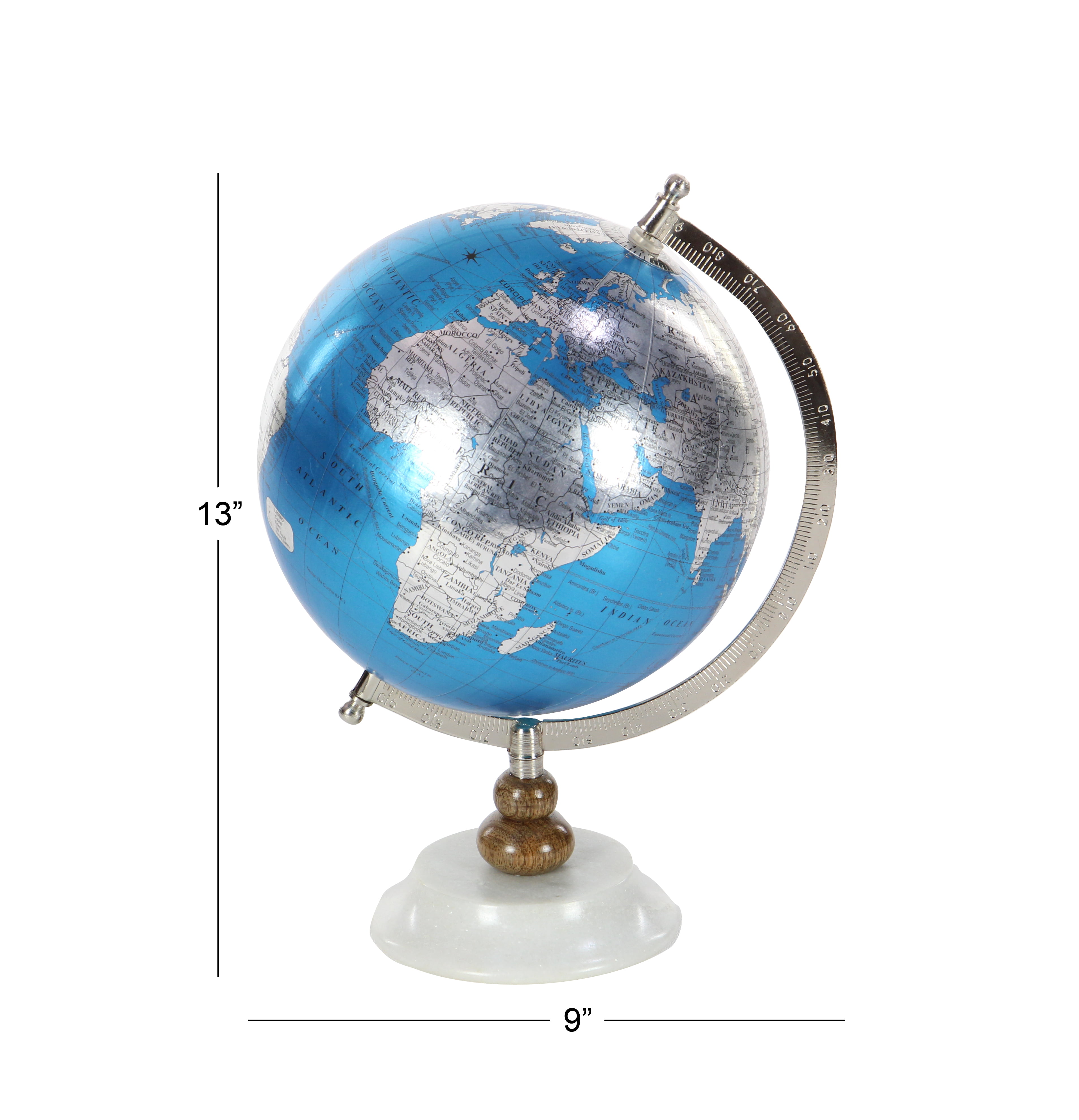 8 Inches x 5 Inches Deco 79 Iron World Globe with Marble Base Black/White/Silver