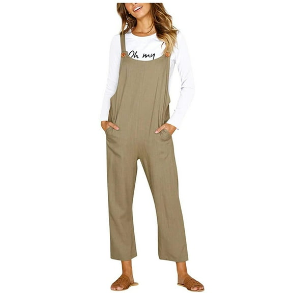 Puntoco Clearance Women'S Jumpsuit Casual Sleeveless Pockets Linen Rompers Long Playsuit Party Jumpsuits Khaki 6(M)