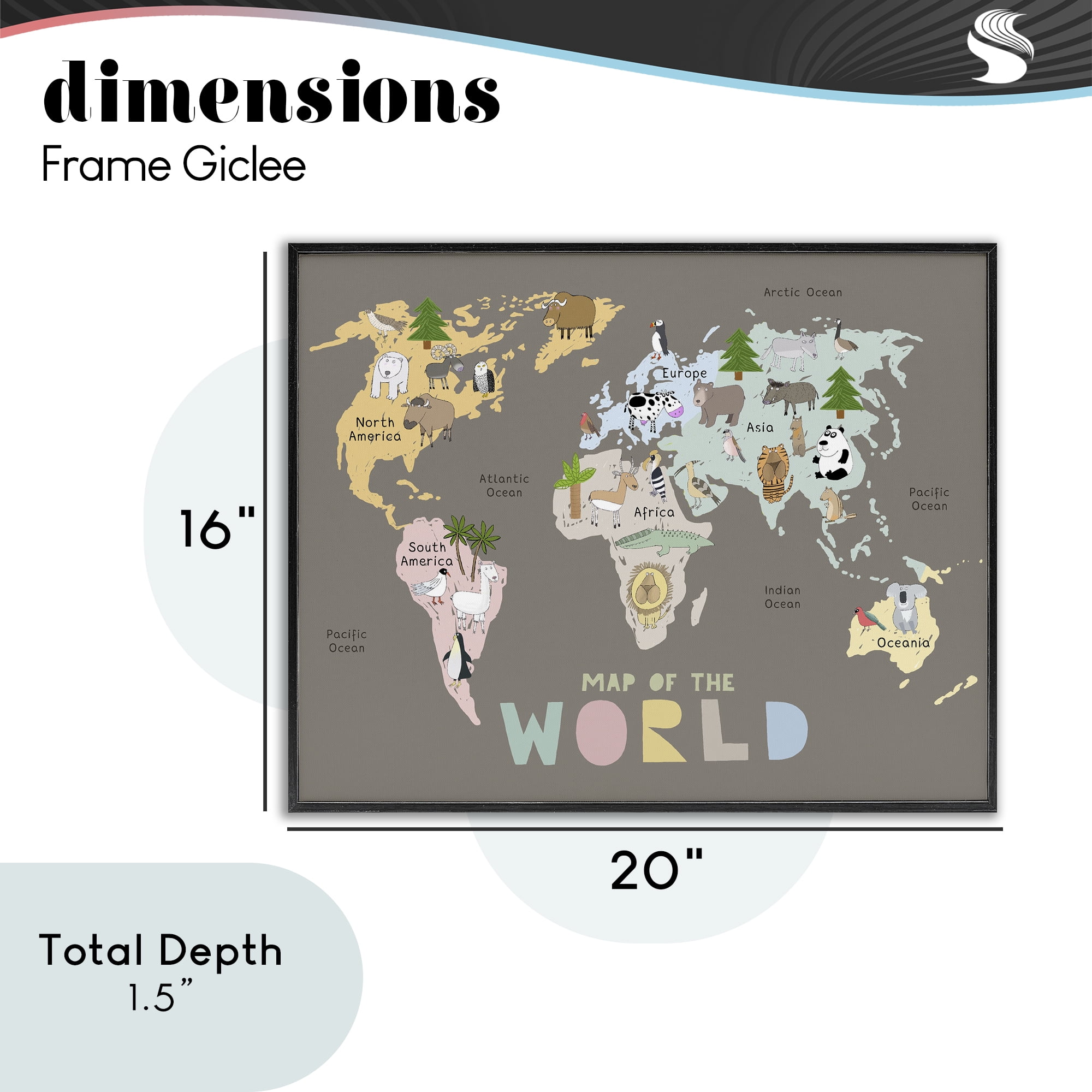 Kid's Map Of World Brown Black Framed Giclee Art, design by Carla Daly