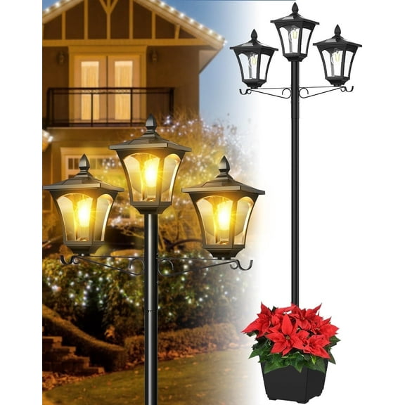 3-Head Solar Lights Outdoor Waterproof, Solar Lamp Post Light with Planter, 2 in 1 Outdoor Flower Pots for Garden, Yard
