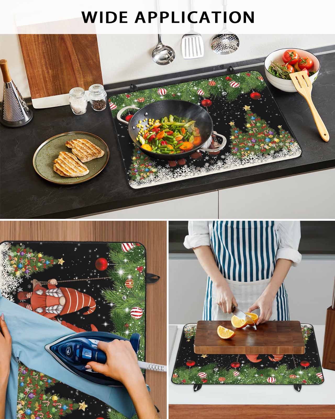 Large Induction Cooktop Protector Mat Black Gnomes Christmas Stove Top Covers for Electric Stove, Xmas Tree Balls Snowflake Decorative Stove Burner Cover Mats, Glass Top Stove Cover