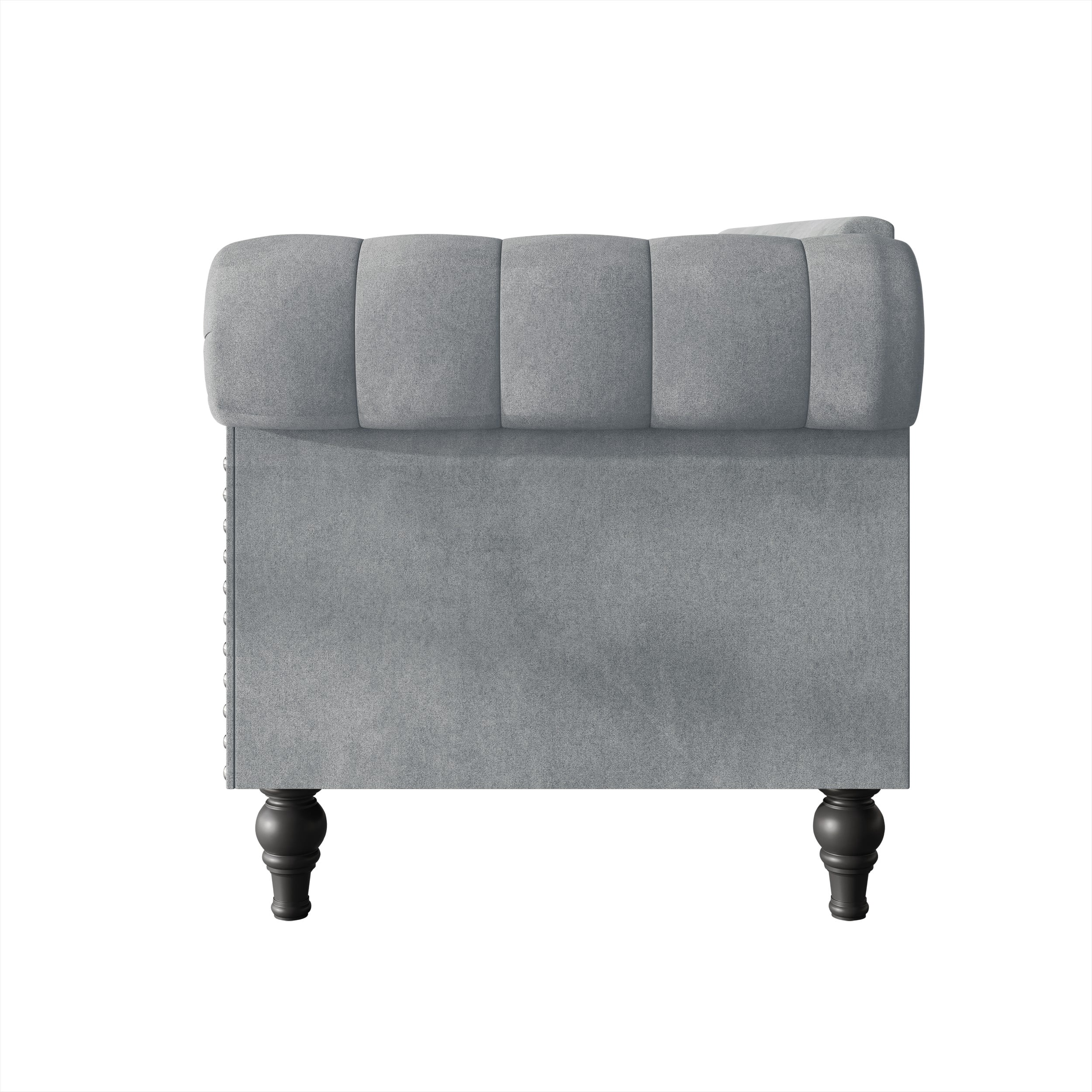 Home Design Kelso Velvet Rolled Arm Chair with Deep Button Tufting, Nailhead Trim and Turned Legs, Gray