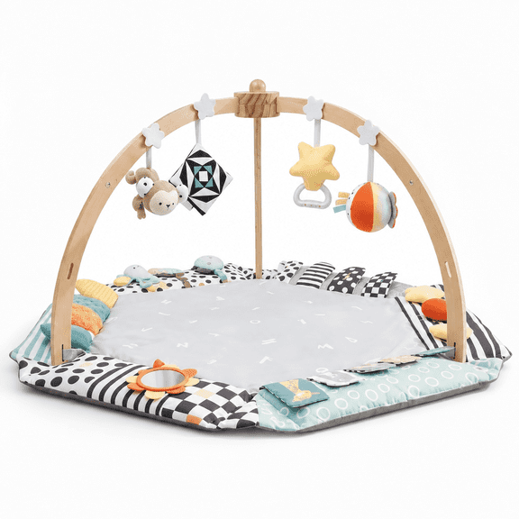 Wooden Baby Play Mat with Foldable Raised Edges,Tummy Time Gym Mat ,6 Detachable Toys for Infant Toddler