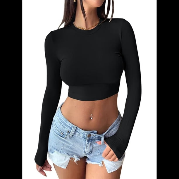 Tops Cortos de Larga para Mujer 2025 - Camisetas Básicas de Cuello Redondo y Corte Entallado para Otoño Negro L