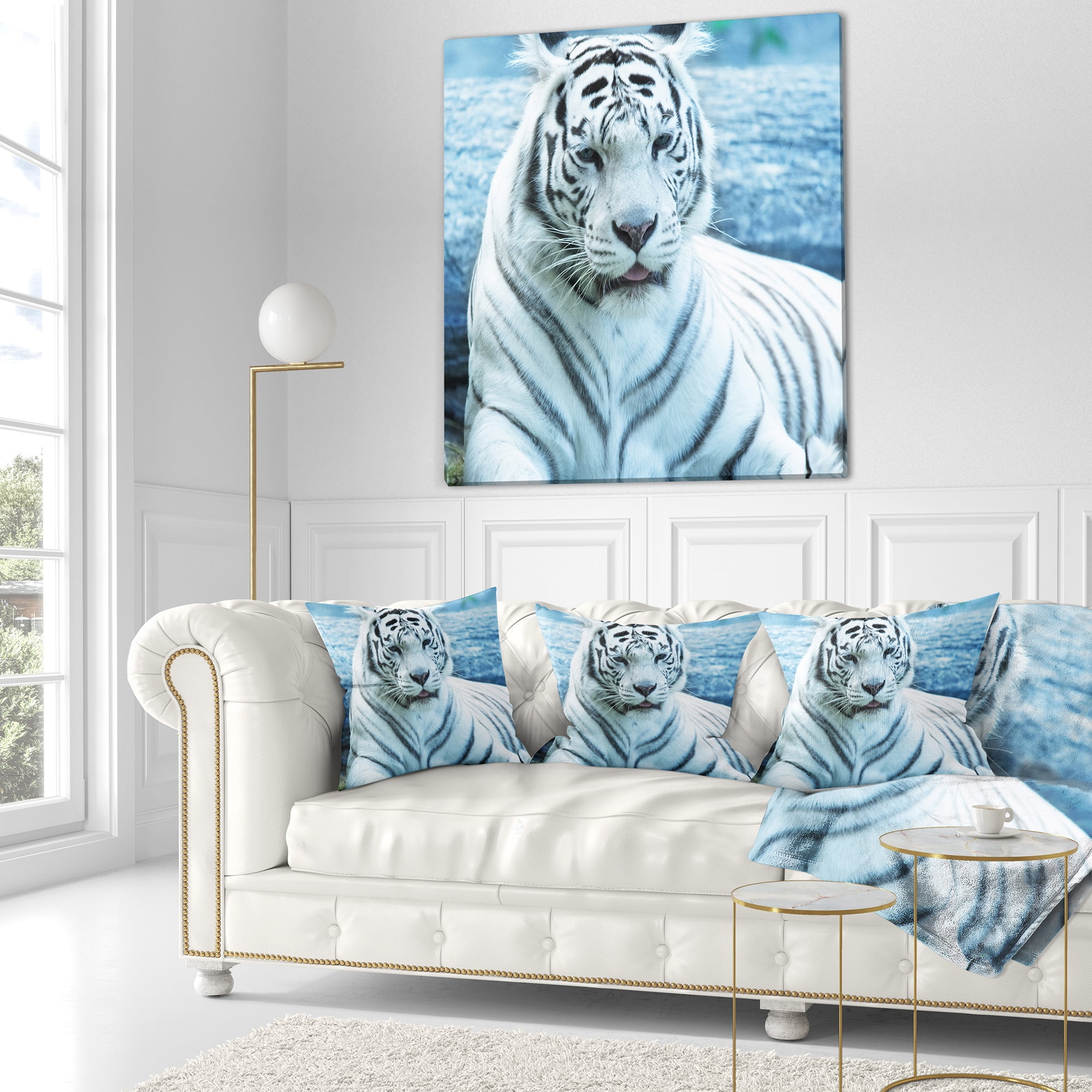 Designart Silver Tiger with Water Background - African Throw Pillow - 16x16