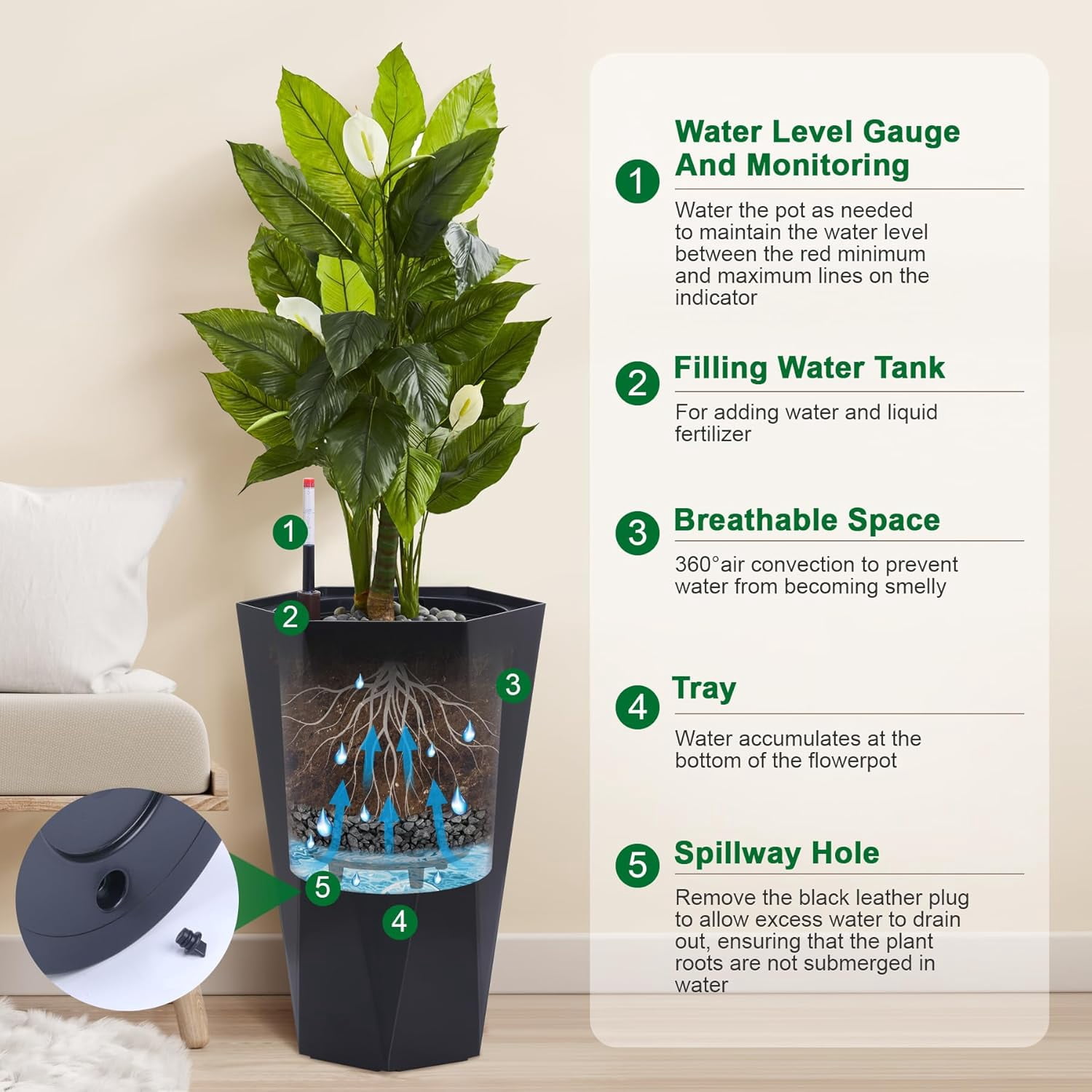 Riedhoff 22.5" Tall Planter Pots Set of 2, Self Watering with Water Level Monitor, Black
