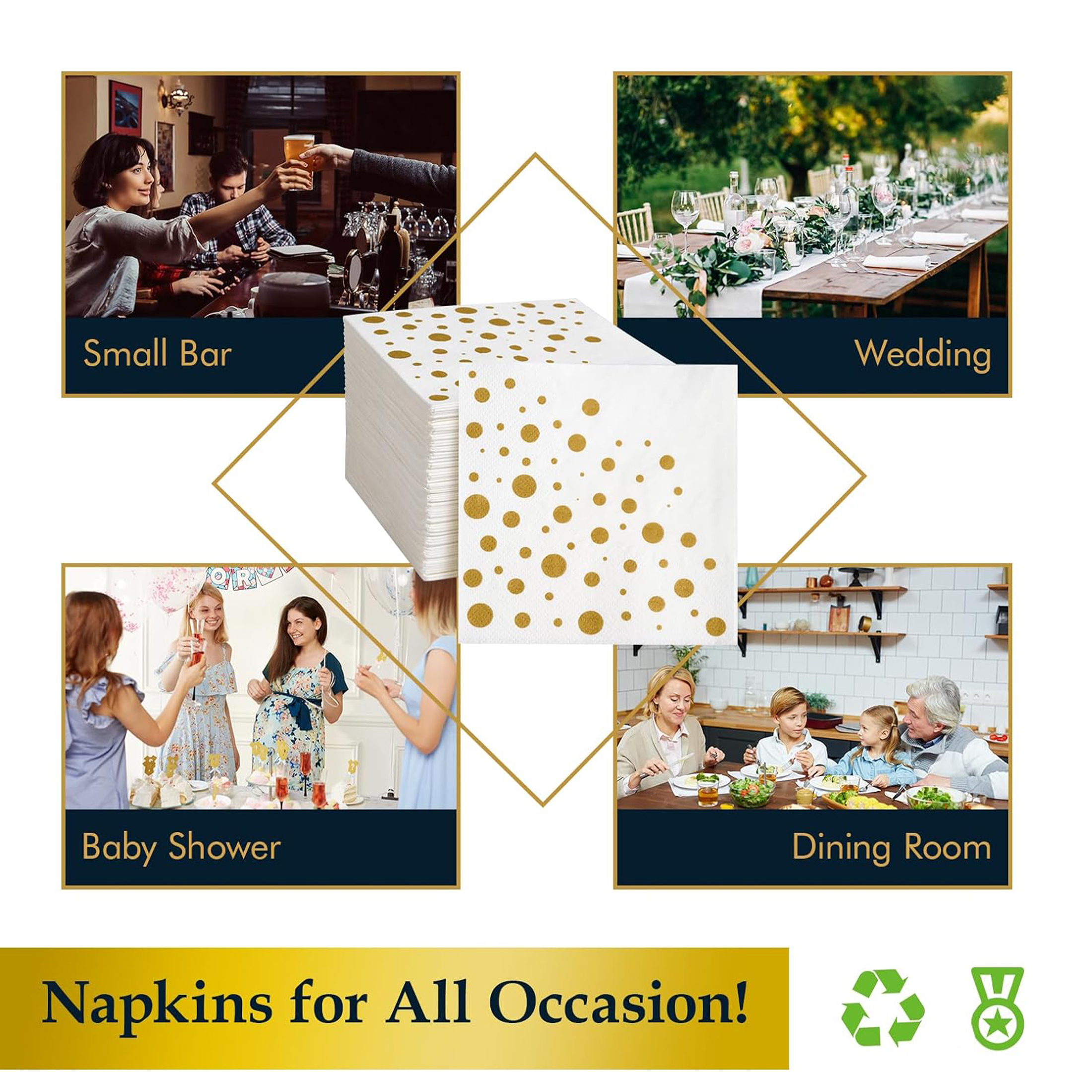 Jolly Chef Cocktail Napkins, 150 Pack, Gold Square, 3-Ply photo 5