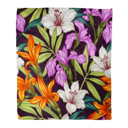 SIDONKU Throw Blanket Warm Cozy Print Flannel Colorful Exotic Pattern with Tropical Leaves and Flowers Blooming Jungle Green Comfortable Soft for Bed Sofa and Couch 58x80 Inches