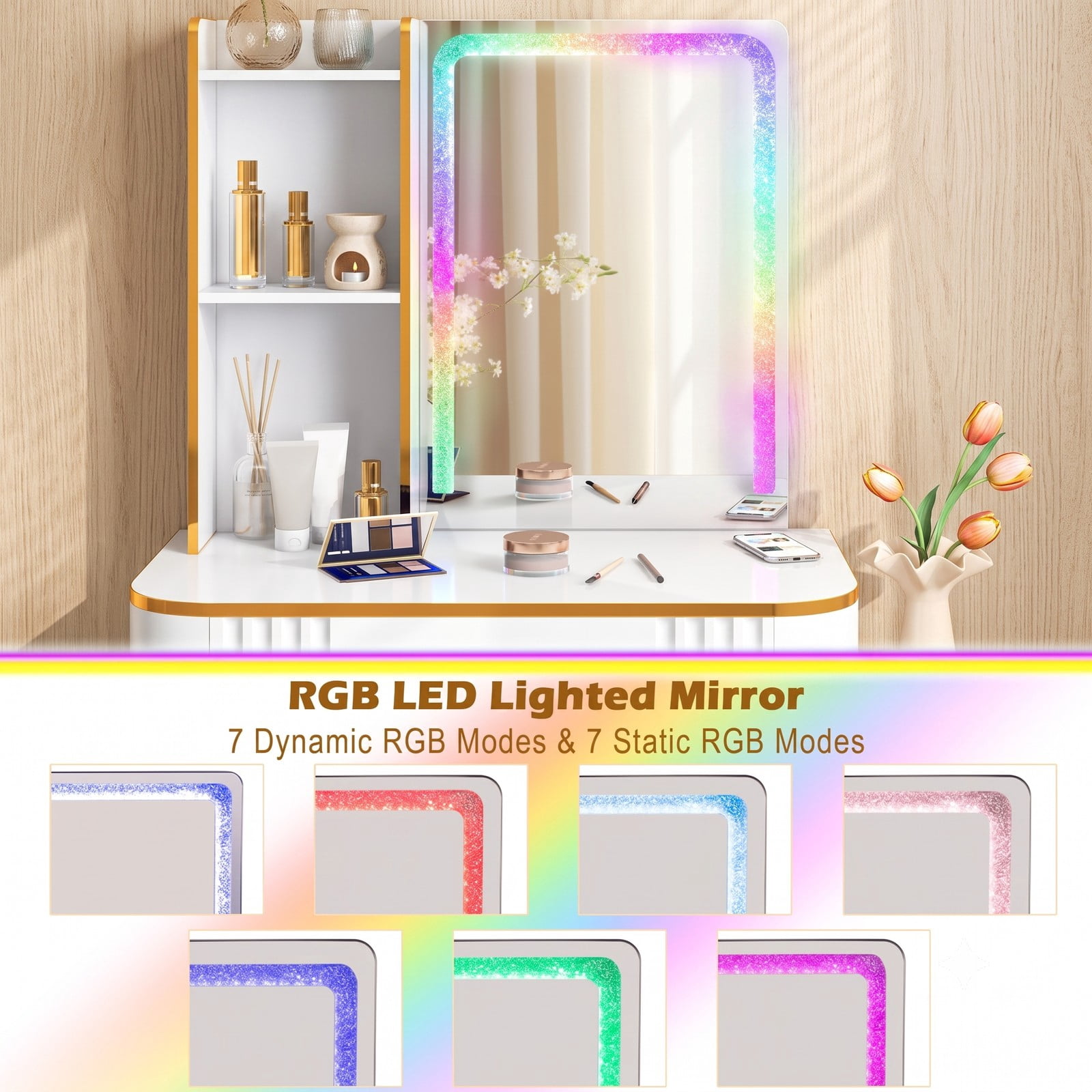 Furnibear Vanity Table Set with RGB LED Lights and Wireless Charging, Makeup Vanity Desk with Storage Shelves and Cushioned Stool, White