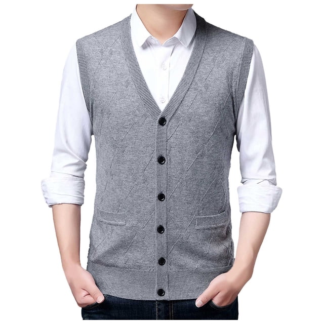 Men's Sweater Vest for Autumn and Winter - Buckle Knit Vest with V-Neck Pure Color Wool Collarless Sleeveless Layering Top Classic Non-Hooded Design for Men
