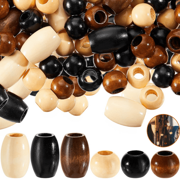 130 pcs Large Hole Wooden Beads for Crafts, Vintage Round Natural Wood Hair Bead, 5 Colors 10mm Wooden Loose Spacer Beads for Macrame Necklace Bracelet Hair DIY Craft Handmade Decor