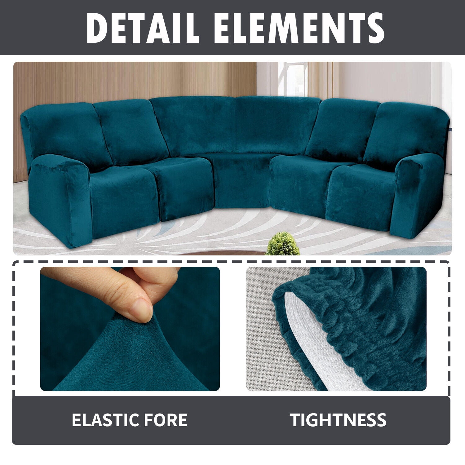 TOPCHANCES Velvet Recliner Sofa Covers, 5 Seat Corner Sofa Covers Stretch Furniture Protector Including 2 Arm Pieces, 4 Seat and Backrest Pieces and 1 Corner Piece, Deep Blue