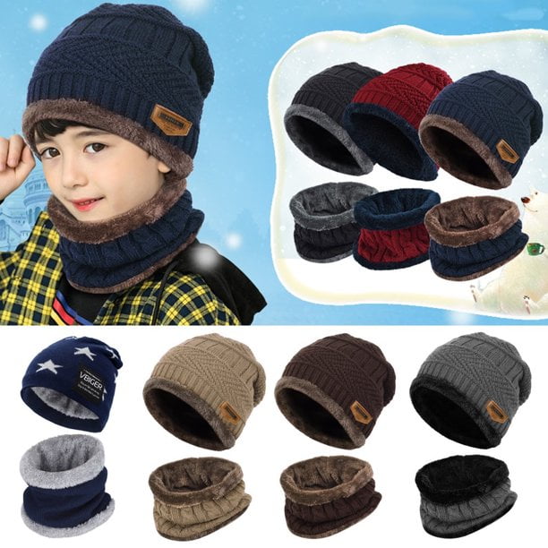 Kids Thick Cap Scarf Warm Winter Hats 2 Piece Fleece Lining Knitted Beanie Skull