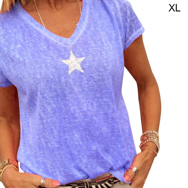 Camiseta Mujer Cuello en V Manga Corta Top suelto Estampado Chica Verano Top, Morado, XL Inevent AP001862-36