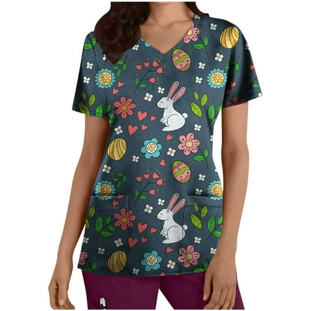 

JURANMO Clothing Clearance Women Clearance Tops Women Short Sleeve Tops Floral Graphic Blouses Vneck Spandex Work Anatomy Scrub Happy Easter Egg Gift Tops LR L