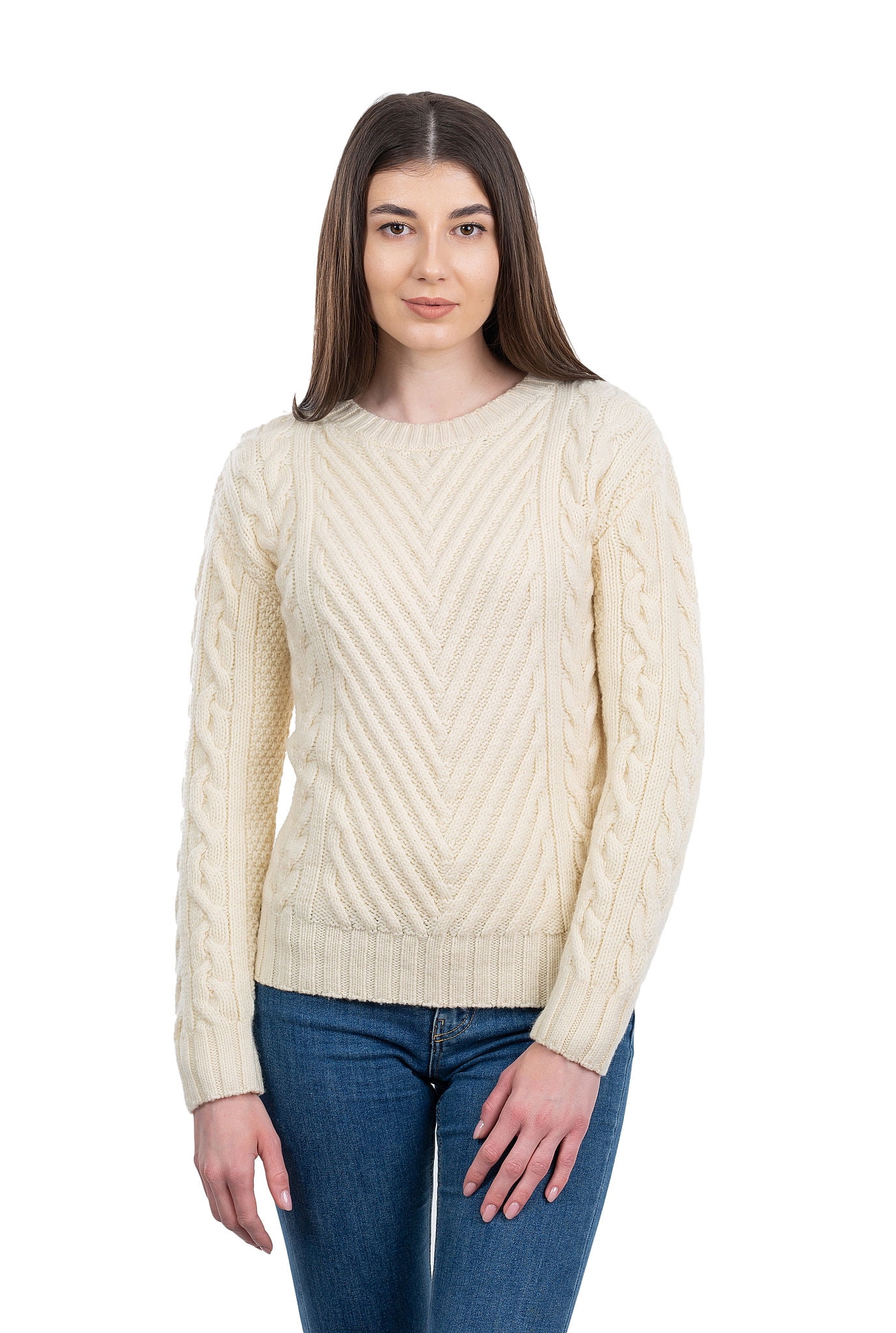 SAOL SAOL Irish Sweater for Women 100 Merino Wool Funnel Neck Cable
