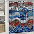 thumbnail image 6 of Orinice  Anchor Shower Curtain, Boat Near by The Lighthouse with a Steering Wheel of a Ship Compass and Waves on The Background Artwork, Cloth Fabric Bathroom Set with Hooks,  60x72, 6 of 7