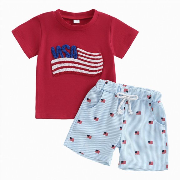 Kids Boys Clothing Sets Toddler Baby Boy Summer Outfits American Flag Embroidery Tee & Shorts Little Boy Outfits Summer Clothes Suit