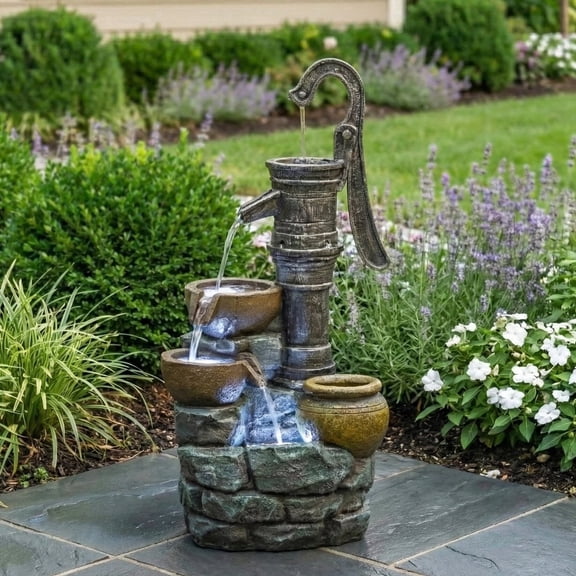 Morufur 32 Inch Outdoor Fountain with Vintage Pump, Garden Waterfall Fountain with LED Lights for Patio Lawn Backyard, Gray