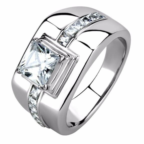 Lanyjewelry 7x7mm Princess Cut Cubic Zirconia Center Mens Silver Stainless Steel Wedding Ring - Size 8