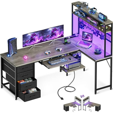AODK 59 Inch L Shaped Desk with 4 Drawers, Gaming Desk with Led Lights & Power Outlets, Computer Desk with Pegboard & Keyboard Tray, Reverisble Home Office Desk with Storage Shelves & CPU Stand, Grey