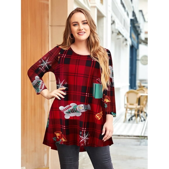 LARACE Plus Size Women's Christmas Tunic 3/4 Sleeve Clothes Swing Babydoll Top Side Split Crewneck Blouse Flowy Shirts Flower46 2X