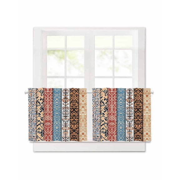 Boho Short Blackout Curtains 30Inch Long Retro Ethnic Vintage Floral Geometric Splicing Rod Pocket Kitchen Curtains, 2 Panels Thermal Insulated Room Darkening Drapes for Bedroom, 30"W x 30"L