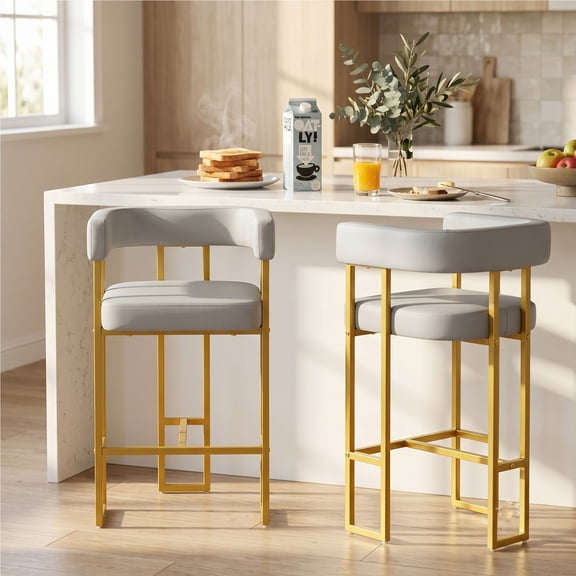 StnTalk Set of 2 Velvet Counter Height Bar Stools, Modern Gold Metal Frame Kitchen Island Chairs with Curved Backrest, Upholstered Seat, Footrest for Home Bar