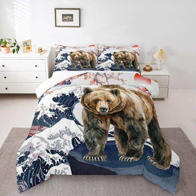 YST Safari Bear Bedding Set, Japanese Ukiyoe Comforter Set, Queen Size