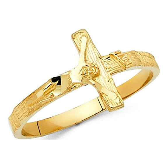 Solid 14k Yellow Gold INRI Jesus Cross Ring Crucifix Band Diamond Cut Polished Genuine 11MM, Size 7