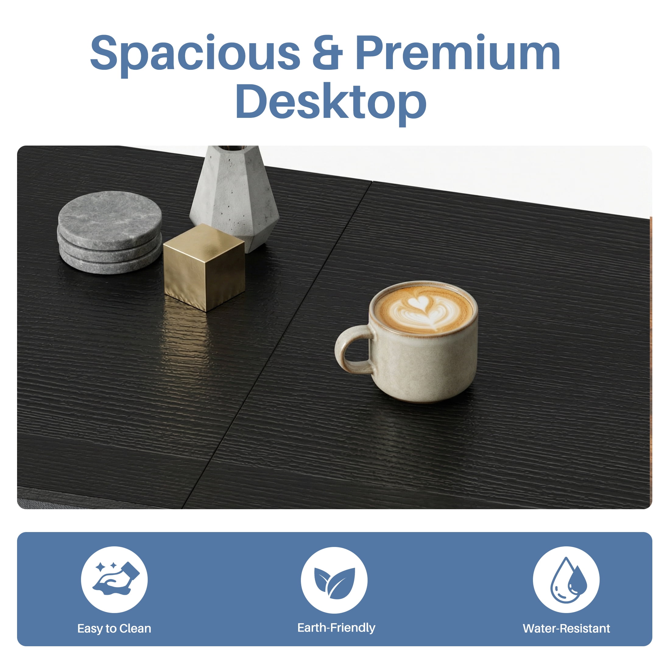 CONCETTA 40in Small Computer Desk with 2 Drawers, Writing Work Study Computer Desk, Side Headphone Hook, Modern Style for Home Bedroom, Black Wood