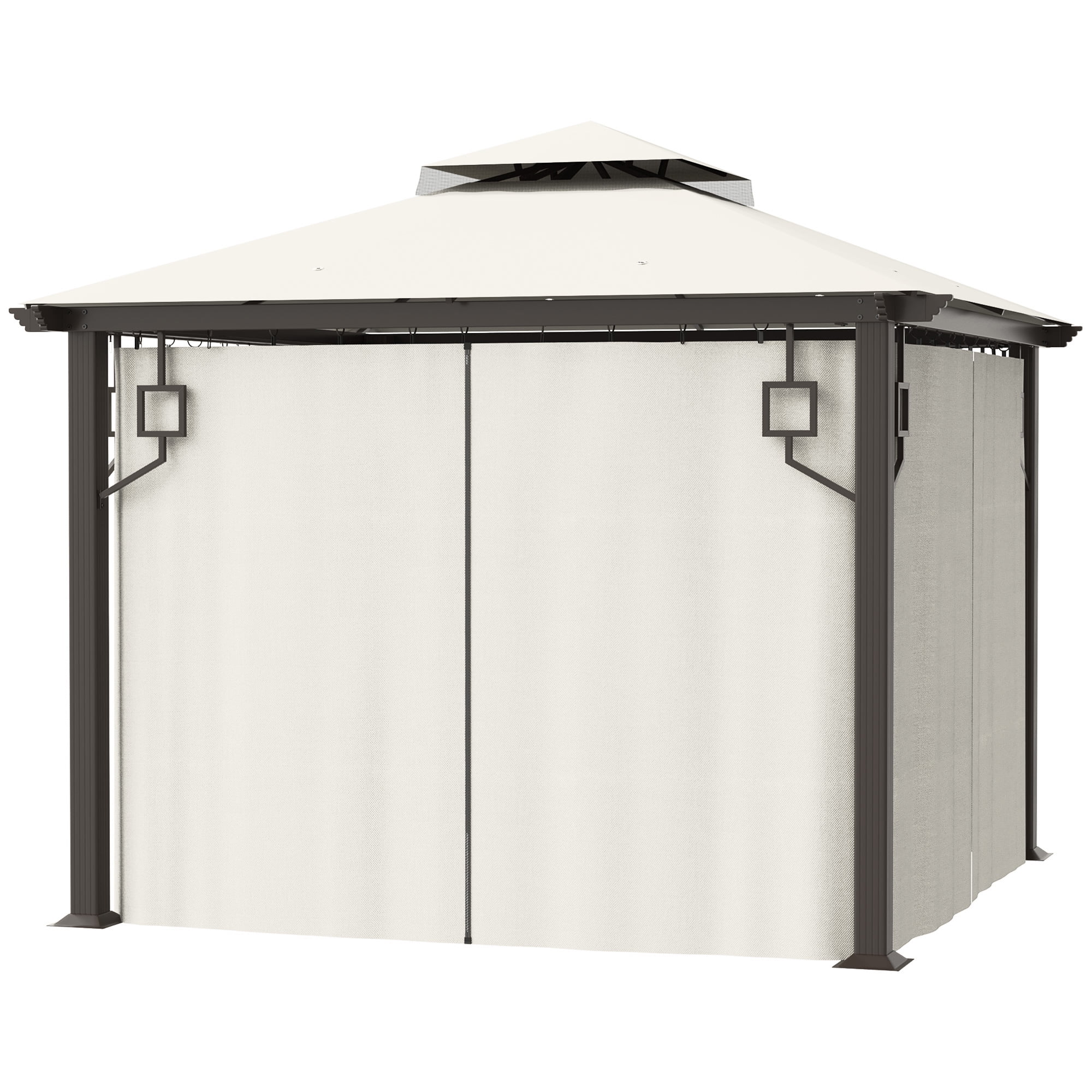 Outsunny 10' x 10' Patio Gazebo Outdoor Canopy Shelter with Aluminum Frame, Double Tier Roof, Netting and Curtains for Garden, Lawn, Cream White