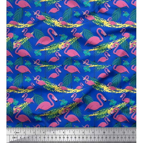 Soimoi Blue Cotton Duck Fabric Palm Leaves & Flamingo Bird Print Fabric by the Yard 42 Inch Wide