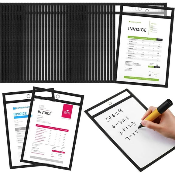 50 Pcs Dry Erase Pockets Bulk for 5 x 8 Inch Paper Reusable Plastic Sleeves Job Ticket Holder Black Clear Pocket Sleeves Waterproof Paper Double Side Ticket Holders for Classroom Office Hanging