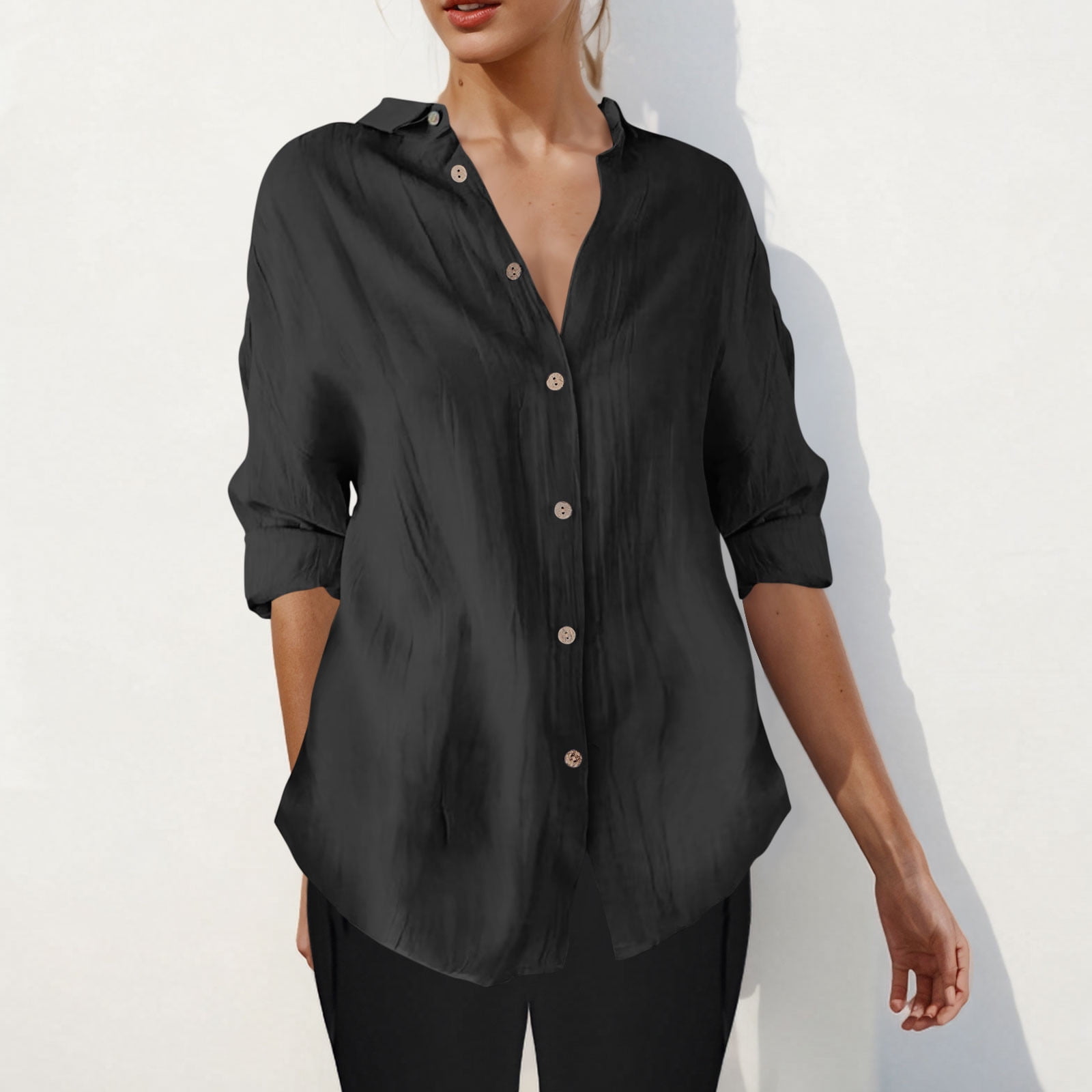 ylioge S-4X Plus Size Shirts for Women 3/4 Sleeve Button-Down Blouses Tops Womens Casual Lightweight Solid Color Collared Work Tshirts Top